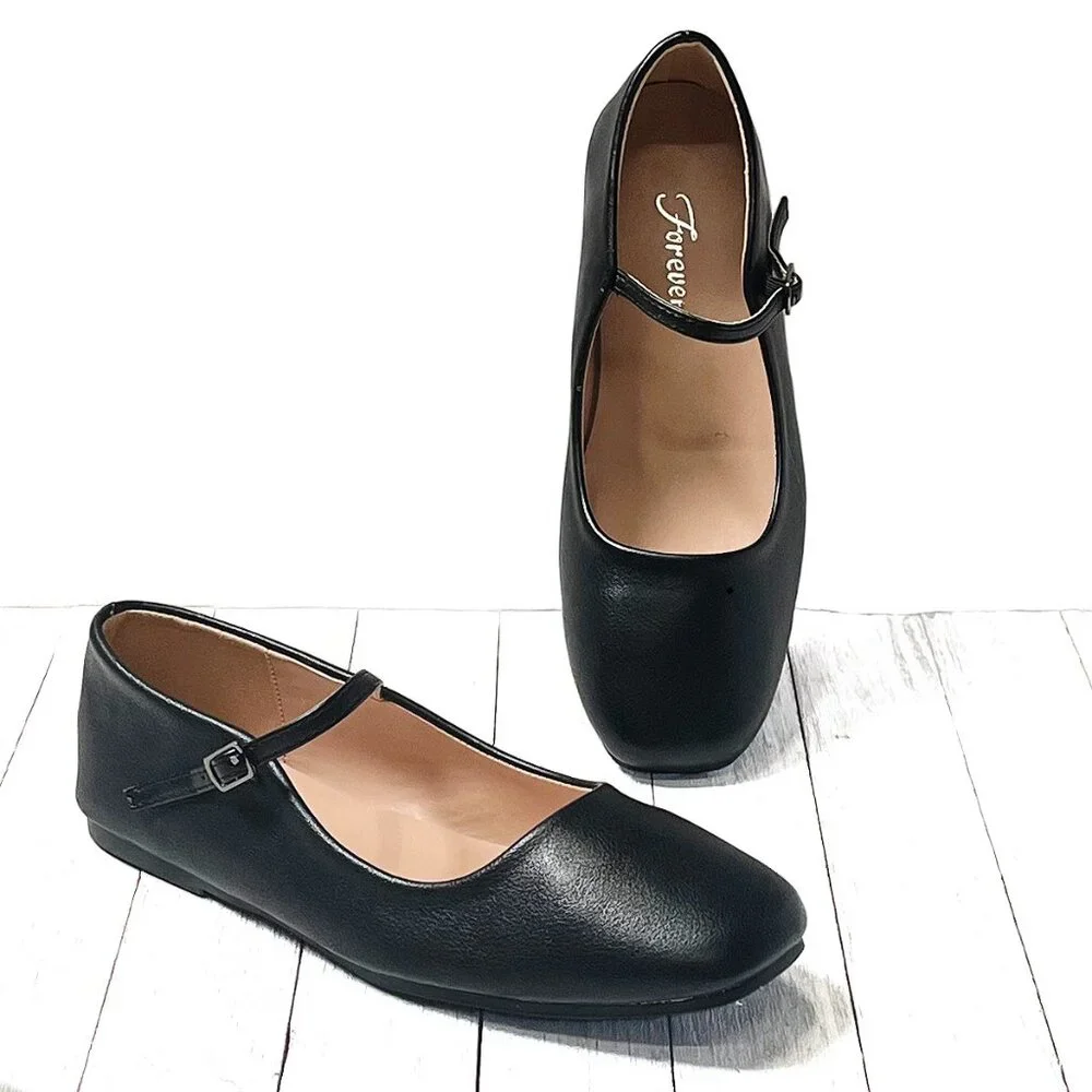New Women Black Square Toe Mary Jane Ballet Flats - Picture 2 of 4